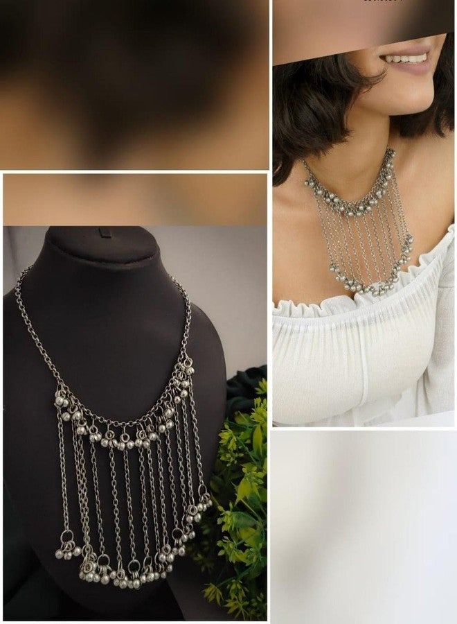 Siddhatva Handmade Statement Afghani Antique Silver Oxidized Indian Ethnic Tassel Ghungroo Bells Trendy Gypsy Necklace Jewelry Set Women (Silver) - Image 3